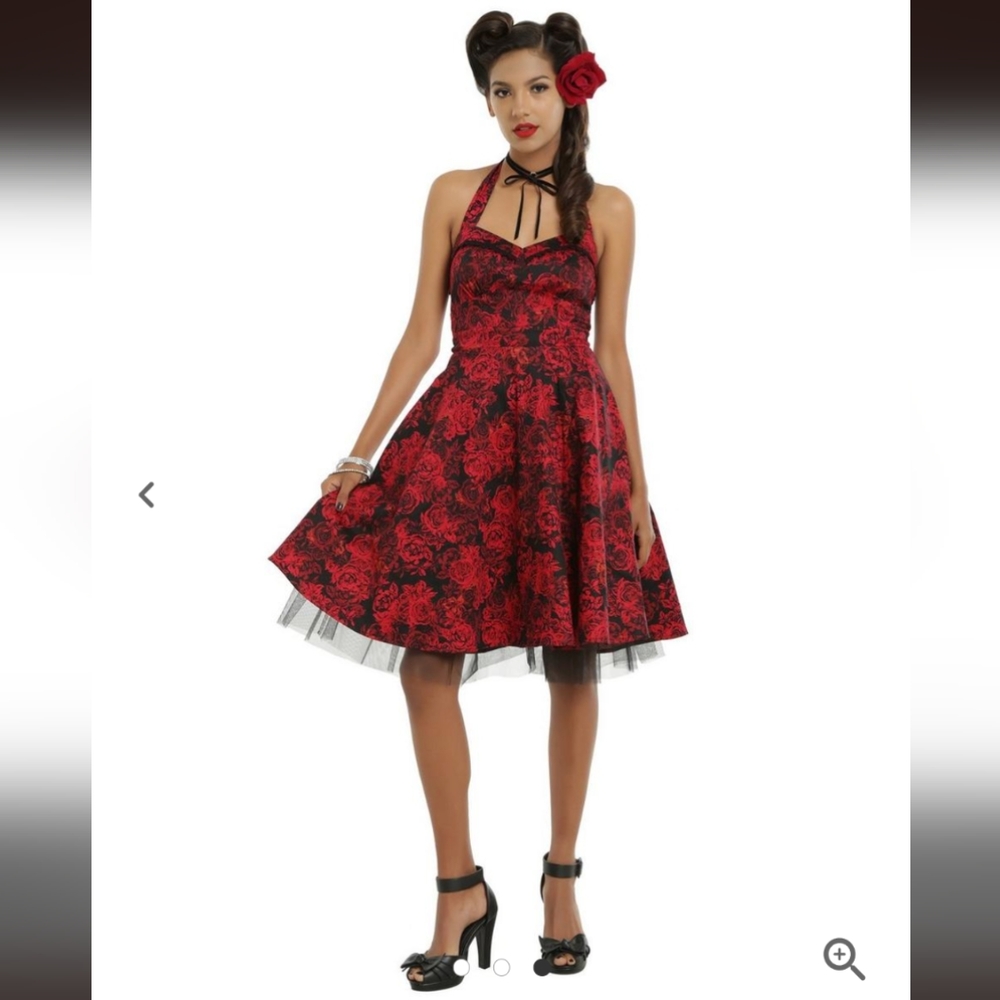 Hot Topic Red & Black Floral Halter Swing Dress